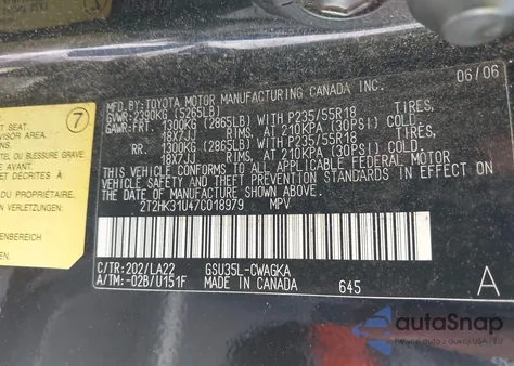 2007 Lexus Rx 350 z USA, uszkodzony, nr VIN 2T2HK31U47C018979